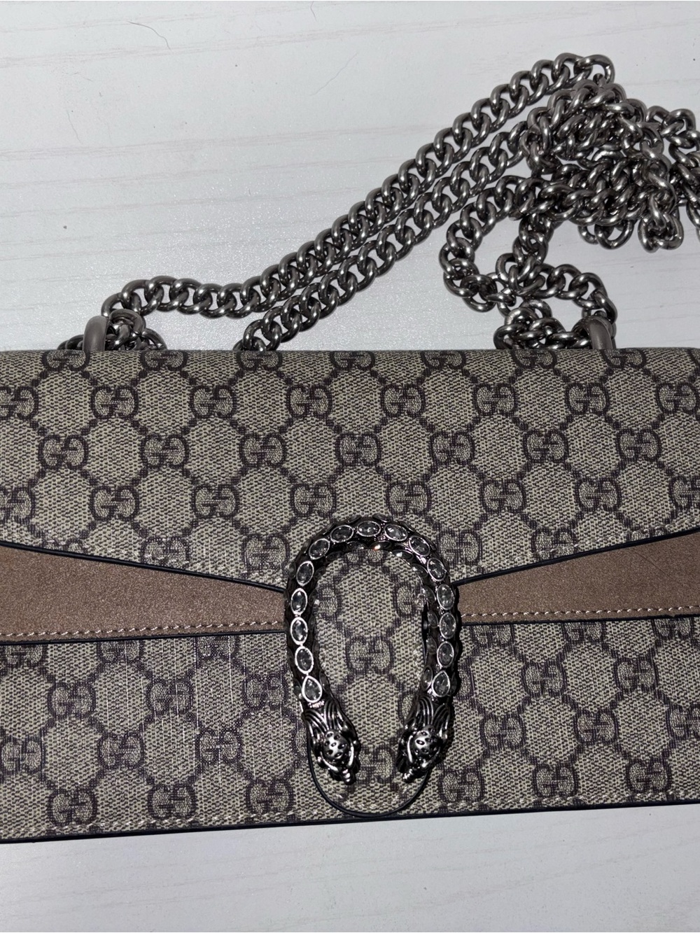 Gucci Beige GG Supreme Dionysus Shoulder Bag with Silver Chain